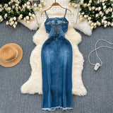 Fongt Port Style Vintage Denim Dress Design With A Long Sling Dress In The Fork