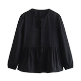 New Bow Knot Lock Color Loose Casual Shirt Blouse-Outfit