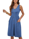 Fongt Dress Casual Fashion Foldless Sleeveless Buckle Long With Pocket