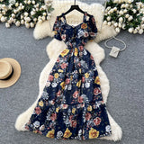 Fongt Famous Breeze Mashed Flowers Bubble Sleeves With Dress Women Summer Waist Repair Royal Sister Temperament Beautiful Long Dress