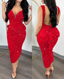 Fongt Temperament Elegant Solid Color Wrap Hip Dew Back Deep V High Waist Bow Stretch Slit