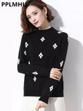 Sweater Women's Mock Neck Vintage Loose Knitted Tops Elegant Crochet Jumper Trend Long Sleeve Pullover Korean
