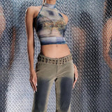 Fongt Women's Fall 2023 New Sexy Hollow-Out Retro Print High Neck Strap Crop