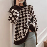 2022 New Checkerboard Spring Winter Women Sweaters Pullovers Checkered Vintage Korean Fashion Elegant Tops