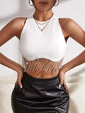 New Hot Girls Sexy Solid Color Water Drill Tassel Vest Sleeveless Neck Top-Outfit