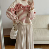 New 2022 Chic Korean Fashion Bow Striped Sweaters Knitted Women Autumn Winter Oversized Elegant Short Tops