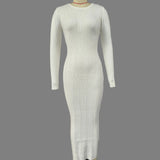 Fongt Wind Solid Color Knitted Dress Female Spring And Autumn Temperament Waist Long Sleeve Long Skirt