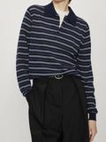 Fongt Summer New Temperament Thin Gentle And Comfortable Wash Wool Hit Striped Knitting Long-Sleeved Polo Shirt