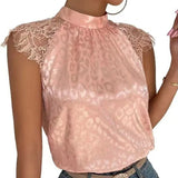 Sexy Lace Blouses Summer Solid Pink Shirts 2023 Elegant Stand Collar Top Lady Loose Shirt Womens Blusas Mujer