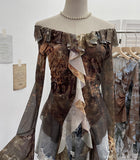Fongt Shooting Retro Shoulder Tie-Dye Net Horn Long-Sleeved T-Shirt Irregular Lotus Leaf Side Ribbon Y2k Top 8012