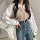 Polo Collar Patchwork Long Sleeve Blouse-Outfit