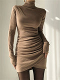 Women Turtleneck Bodycon Dress Fall Spring Office Lady Long Sleeve High Waist Pleated Irregular Hem Mini Dress for