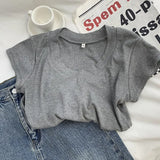 Version Simple Solid Color Threaded U-Collar Short-Sleeved T-Shirt Women Summer New Style Slim Look Thin Pure Desire Hot Girl Blouse Girl-Outfit