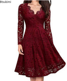 Women's Elegant Lace Dress for Party Evening Club Vintage Long Sleeve V Neck Solid Bridesmaid Dress Slim Mini Dress