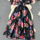 Fongt V-Neck Print Chiffon Dress Women's Waist Thin Temperament Lotus Leaf Side Short Sleeves To Close The First Love Fairy Dress