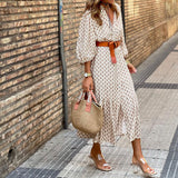 Fongt Spot 2024 Autumn / Winter New Fashion Belt Printing V-Collar Simple Temperament Long Dress-Outfit