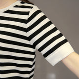 Fongt Summer New Women's Loose Korean Version Of Plus Size Jacket Black And White Stripe Front Short Back Long Short Sleeve T-Shirt Female
