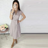 Casual A line Dot Printing V neck Lace Turn Down Collar Off the shoulder Mid Dress Pink2021 New Fashion Sexy Summer