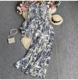 Fongt Suit Female Korean Version Of The Lantern Sleeves Loose Single-Chamed Dizzled Dyed Printed Shirt Three Sets Of High-Rise Broad-Legged Trousers