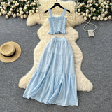 Fongt Fairy Vacation Wearing Women's Summer Dress Pure Desire Elastic Sling Sling Vest Hollow Embroidered High-Rise Half-Schamin Dress Suit