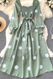 Women Polka Dot Dress Spring Autumn Vintage Square Collar Lantern Long Sleeve Casual Long Dresses Ladies High Waist