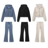 Fongt Women's Sports Style Suture Decoration Tight Waist Double-Sided Trumpet Trousers Zippered Sweater Set