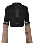 2024 Autumn New Fashion Women's Denim Patchwork Blazer Notched Collar Single Button Long Sleeve Short Suit Jackets TH5165-Outfit