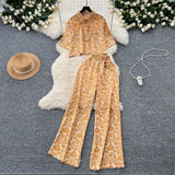 Fongt Light Style Suit Women's Fashion With Loose Short Print Shirt + High Waist Display Thin Leg Slacks