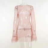 Women Sexy See Through Mesh Dress Feather Trim Long Sleeve Round Neck Hollow Out Mini Dresses for Party Club