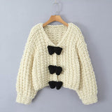 Fongt Bow Sweater Cardigan Jacket Languid Short Heavyweight Knitted Jersey Woman
