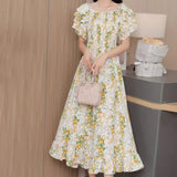 Fongt 2025 New French Holiday Collar Shoulder Short Sleeves To Show Thin Flowers Long Orange Truss Dress