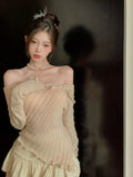 Shoulder Sweet Sweaters Women Spring Female Korean Fashion Sweater Clothes Long Sleeve Knitwear Pullover Short Tops