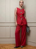 Fongt Women's Fashion Gold Buttoned Vest Trousers Two-Piece Casual Suit Women