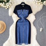 Fongt Net Red New Niche Round Collar Short Sleeve Splicing Denim Dress Women Senior Feel Waist-Wear Two Long Skirts