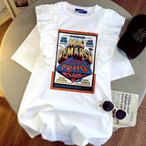 Cotton Loose 4XL Cute Splitted Ruffles Vintage Letter Print T Shirts for Woman Girls Kawaii Y2k Tops Harajuku Black