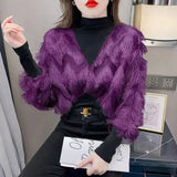 Tassel Korean Blouse Autumn Winter Fake Two Pieces Patchwork Women's Clothing Solid Color Casual Half High Collar Shirt-Outfit