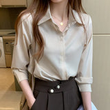 Women's Silk Shirts V-neck Solid Laides Tops Womens 2023 Spring Fashion Satin Long Sleeve Blouses Button Up White OL Vintage