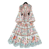 Fongt Vintage Printed Dresses Women's New Spring 2025 New Waist Temperament V-Neck Single-Rece Buckle Long Dress