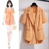 Ladies Elegant 3 Pieces Set Summer Short Sleeve Notched V Neck Blazer+chiffon Vest+shorts Sets For Women
