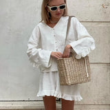 Fongt Women's Summer New Set Beige Long Sleeve Loose Casual Shirt High Waist Shorts Two-Piece Set-Outfit