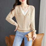Solid Color Knitted T-shirt Button Female Clothing Korean Spring Autumn Fake Two Pieces Spliced Casual V-Neck Pullovers-Outfit