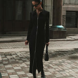 Fongt Women's 2023 New Cardigan Wrapped Hip Long Skirt Fashion Lapel Zipper Long Sleeve Black Dress-Outfit