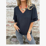 Fongt Summer Solid Female Loose V-Necked Leaf Sleeve Top High Temperature Stereotyped Woman