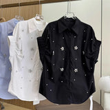 Fongt High-Stock Design Feeling Heavy Industry Nail Embroidery Shirt Loose Apparent Thin Age Shirt Shirt Women Short Sleeves