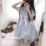 Peter Pan Collar Blue Dresses Y2k E-Girl Loose Slim Waist Bow Dress for Women Summer New Short Sleeve Vestidos Mujer-Outfit