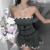Off Shoulder Ribbon Trim Lace Up Slim Mini Dress-Outfit