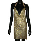 Crystal Rhinestone Drape Backless Dress 2023 NEW Mesh Sequin Bodycon Club Halter 2 Slits Evening Party Christmas Mini
