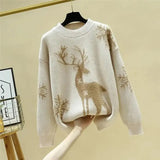 Autumn Winter New Cartoon Christmas Elk Casual Knitted Sweaters Commute Elegant Solid Color Thick Warm Chic O-Neck Jumpers-Outfit
