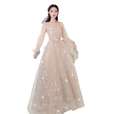 Fongt Dress Women 2025 New Champagne Long-Sleeved Banquet Temperament Simple Thin Host Art Exam Dress