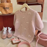 Fongt Chic Spring And Summer Little Bow Bow Short-Sleeved Collar Knitted Jersey Girl Spring Sweet Soft Foam Bubble Sleeve Top